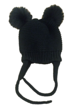 Women Black Knitted Caps Velvet Warm Earflap Beanies Double Pom Pom Hat Medium - £10.04 GBP