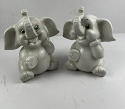 Vintage Trunk Up Smiling Elephant Pair Coin Banks - Stoppers Included - £7.80 GBP