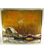 Mid Century Oil Painting on Canvas Winter Harbor Scene by Steffanoni Framed - £52.81 GBP
