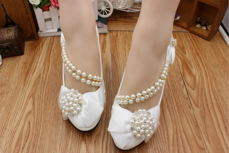 BaoYaFang Bow tie water   chain bridal wedding shoes women&#39;s large white high-he - £195.52 GBP