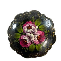 Vintage Russian Oval Floral Flower Black Lacquer Brooch Pin Signed Hand Painted - £29.72 GBP