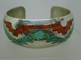 Signed Southwestern Turquoise &amp; Coral Inlay Sterling Silver Cuff Bracelet - £167.06 GBP