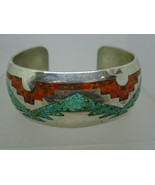 Signed Southwestern Turquoise &amp; Coral Inlay Sterling Silver Cuff Bracelet - £164.35 GBP