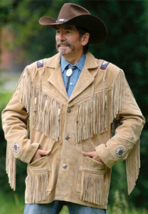 Traditional Men&#39;s American Beige Buckskin Jacket Indian Beads Cowboy Style Coat  - $88.77+