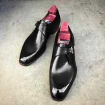 Handmade Men&#39;s Black Cowhide Leather Single Monk Round Toe Dress Formal Shoes - £102.63 GBP