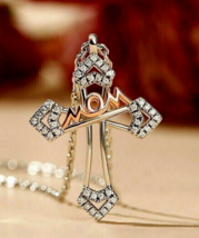 14Kt 2 Tone Gold Plated Silver 2Ct Simulated Diamond &quot;MOM&quot; Cross Shape Pendant - £157.68 GBP