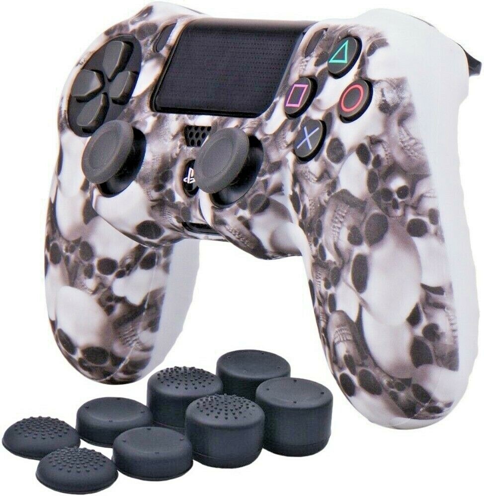 Silicone Grip + (8) Multi Thumb Caps White Skulls Non Slip For PS4 ...