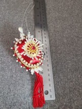 Handmade Red,Gold &amp; White Push Pin Beaded Christmas Ornament Crystals, w Tassel - £9.46 GBP