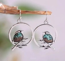 Beautiful Unique Bird Branch Earrings, Turquoise Sand Inlaid - £6.20 GBP