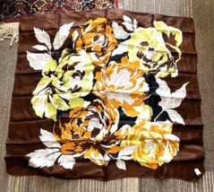 Vintage silk scarf floral graphic on Brown and Black with Chartreuse Green Brown - £14.61 GBP