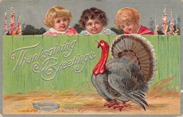 Thanksgiving Greetings~Edwardian Children Watching Turkey~Embossed 1910 Postcard - £7.03 GBP