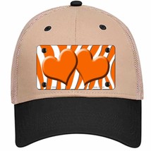 Orange White Zebra Orange Centered Hearts Novelty Khaki Mesh License Plate Hat - £23.31 GBP