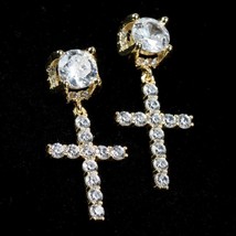 Punk Gold Color Cross Stud Earrings Hip Hop White Litter Rhimestone Jewelry Pier - £8.65 GBP