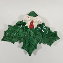 Green Holly Berry Candy Dish Vintage Ceramic Poinsettia Bow Glossy Trinket Dish - £7.17 GBP