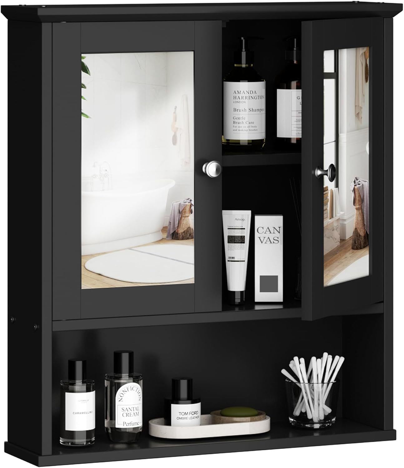 Shintenchi Bathroom Cabinet With Mirror, Wood Medicine Cabinet With, Black - $64.92