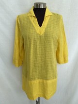Jaeger Bright Yellow Womens V Neck Tunic Top Cover-up Linen Semi Sheer - £19.32 GBP