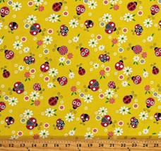 Cotton Ladybugs Beetles Flowers Silver Metallic Yellow Fabric Print BTY D777.50 - £7.83 GBP