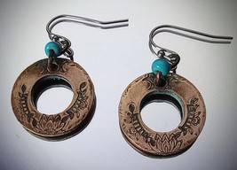 Hand stamped Lotus Zen design on copper earrings - $18.00