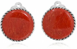 925 Sterling Silver 18Mm Round Reconsturucted Red Coral Botton Clip On Earrings - £67.38 GBP