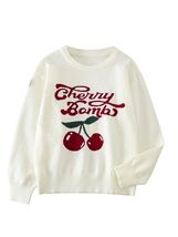 BEAUDRM Girl&#39;s Cherry Knit Sweater Long Sleeve Crewneck Apricot Size 11Y - €10,67 EUR
