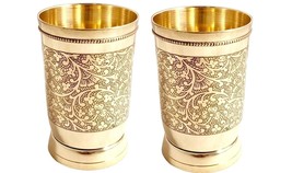 Brass Drinking Tumbler Mughlai Embossed Glass Ayurveda Benefits 300ML Set Of 2 - £27.89 GBP