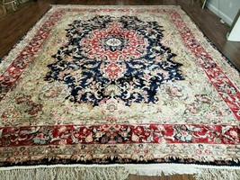 Indian Silk Kashmiri Rug 9x12 Room Sized Hand Knotted Oriental Rug Navy Blue Red - £3,371.89 GBP