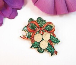 1980 Centennia Christmas Bells Enamel Pin Vintage Green Holly Red Bow Goldtone - £13.22 GBP