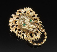 14K GOLD - Vintage Lion Head With Emerald Eyes Biting Rope Pendant - GP509 - £598.87 GBP