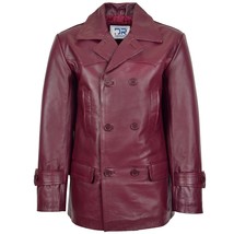 Men’s Trench Leather Fitted Reefer Military Overcoat Burgundy DR103 Buttoned Str - £183.26 GBP