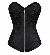 Brocade Black Halloween Corset Spiral Steel Boned Zipper Front Longline Overbust - £47.95 GBP