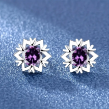 Silvertone Purple Snowflake Inlaid Zirconia Post Stud Earrings - New - £11.69 GBP