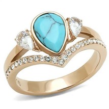Imitation Turquoise &amp; Clear CZ Ring Rose Gold Plated Stainless Steel TK316 - £12.78 GBP