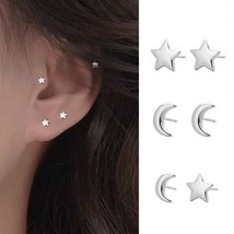 Womens Silver Tiny Crescent Moon Star Stud Earrings Surgical Steel Screw Back - £7.96 GBP