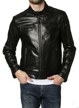 Men Leather Jacket Black Slim fit Biker Motorcycle Genuine Lambskin Jacket MJ008 - £93.80 GBP
