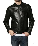 Men Leather Jacket Black Slim fit Biker Motorcycle Genuine Lambskin Jacket MJ008 - $117.50