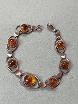 Nonmagnetic Silver Open Oval w Round Amber Stone Cabs MODERNIST Link Bracelet – - £18.31 GBP