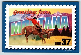 Greetings From Montana Large Letter Chrome Postcard USPS 2001 Cowboy Rides Horse - £7.10 GBP