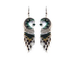 Crescent Half Moon Silk Thread Long Beaded Metal Dangles Earrings - Women Fashio - £11.82 GBP