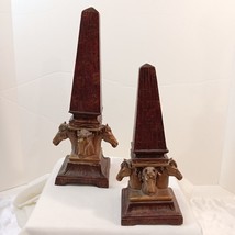 Set of 2 Vintage Brown &amp; Gold Faux Marble Equestrian Style Obelisk/ Monu... - £51.43 GBP