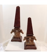 Set of 2 Vintage Brown &amp; Gold Faux Marble Equestrian Style Obelisk/ Monu... - £50.42 GBP