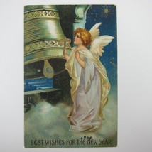 Postcard New Years Blonde Angel Ring Bell Night Stars Gold Embossed Antique 1909 - £7.98 GBP