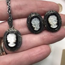 Vintage Sterling Silver Cameo Necklace and Earrings Set Marcasites 925 F... - £56.05 GBP