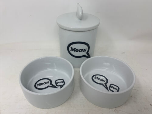 Primary image for Crate & Barrel Ceramic Cat Food & Water Bowls + Treat Canister Meow Purr White