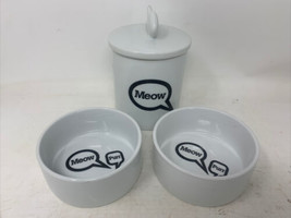 Crate &amp; Barrel Ceramic Cat Food &amp; Water Bowls + Treat Canister Meow Purr... - £30.32 GBP
