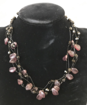 Vintage Frosted Purple Glass Leaf Black Beaded Wire Layered Boho Necklace - £20.09 GBP