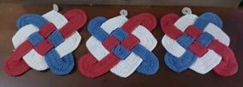Crochet Hot Pads Potholders 3pc w Hangers Handmade Red White Blue 9x9 - £18.25 GBP