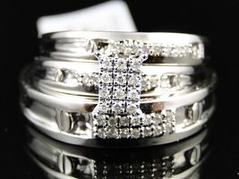 14K Mens Ladies White Gold Finis Diamond Engagement Bridal Wedding Ring Trio Set - £104.61 GBP