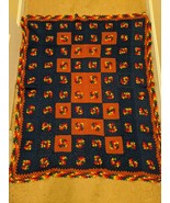 Vintage Hand Made Crochet Granny Square Afghan Blue Rust 3D Flowers Rain... - £19.83 GBP