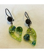 Heart Earrings Lime Green Dichroic Fused Glass Handmade Sterling Silver ... - $95.00