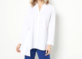 Truth + Style Stretch Poplin Asymmetrical Woven Button Front Shirt- White, LARGE - £20.57 GBP